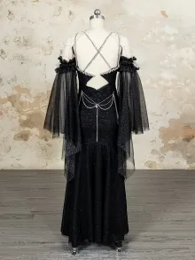 Lunss Gothic black prom dress with rhinestone chains