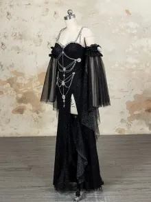 Lunss custom Gothic black dress with rhinestone chains