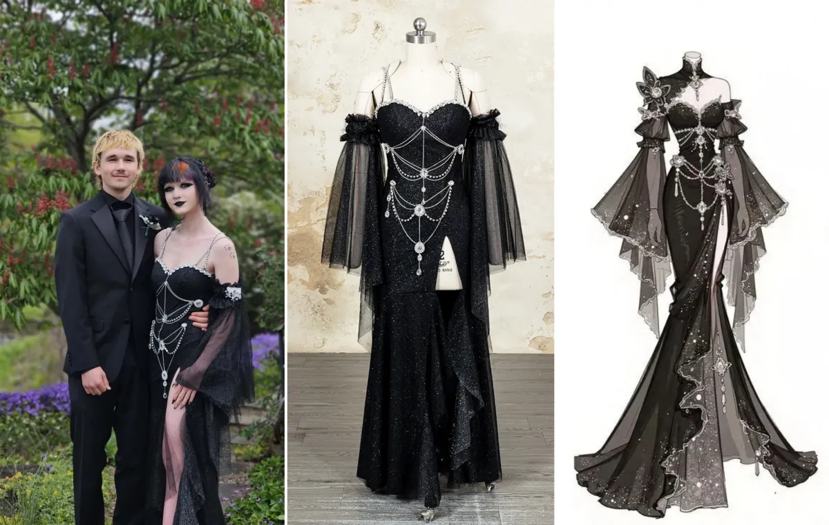custom Gothic black prom dress with rhinestone chains