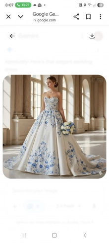 allgown dress with blue embroidered flowers
