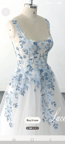blue embroidered flowers on the dress