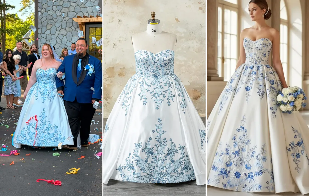 blue floral lace ball gown wedding dress customization