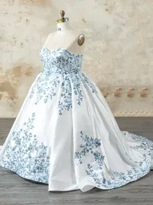 custom made blue floral lace ball gown dress