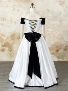 Lunss white formal ball gown with black velvet trim