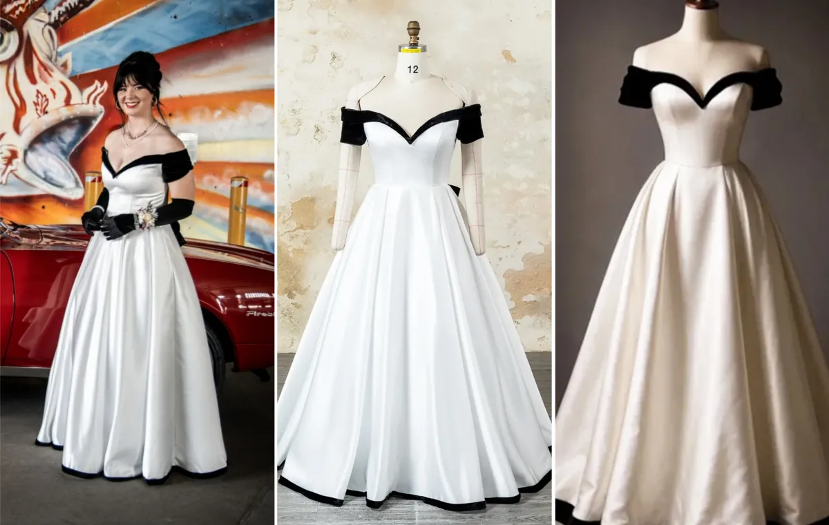 custom white formal ball gown with black velvet trim