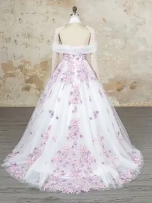 Lunss custom made pink and purple floral lace wedding gown