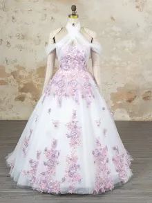 Lunss pink and purple floral lace wedding ball gown
