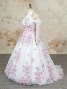 custom made pink and purple floral lace wedding ball gown