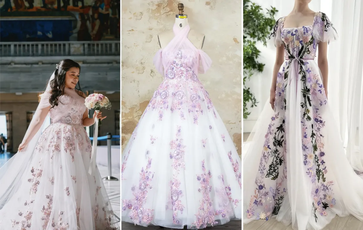 pink and purple floral lace wedding ball gown customization