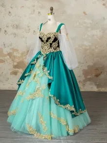 custom made turquoise black and gold corset ball gown