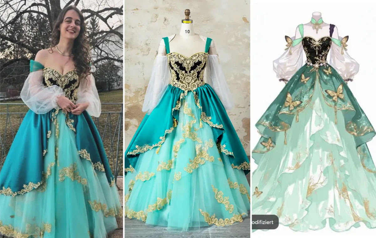 turquoise black and gold corset ball gown customization
