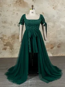 Lunss custom made green damask dress with tulle overskirt