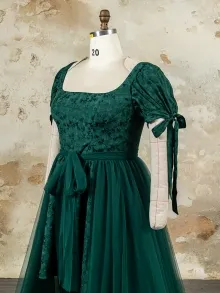 Lunss custom made square neck green damask dress