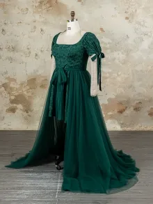 custom made square neck green damask dress