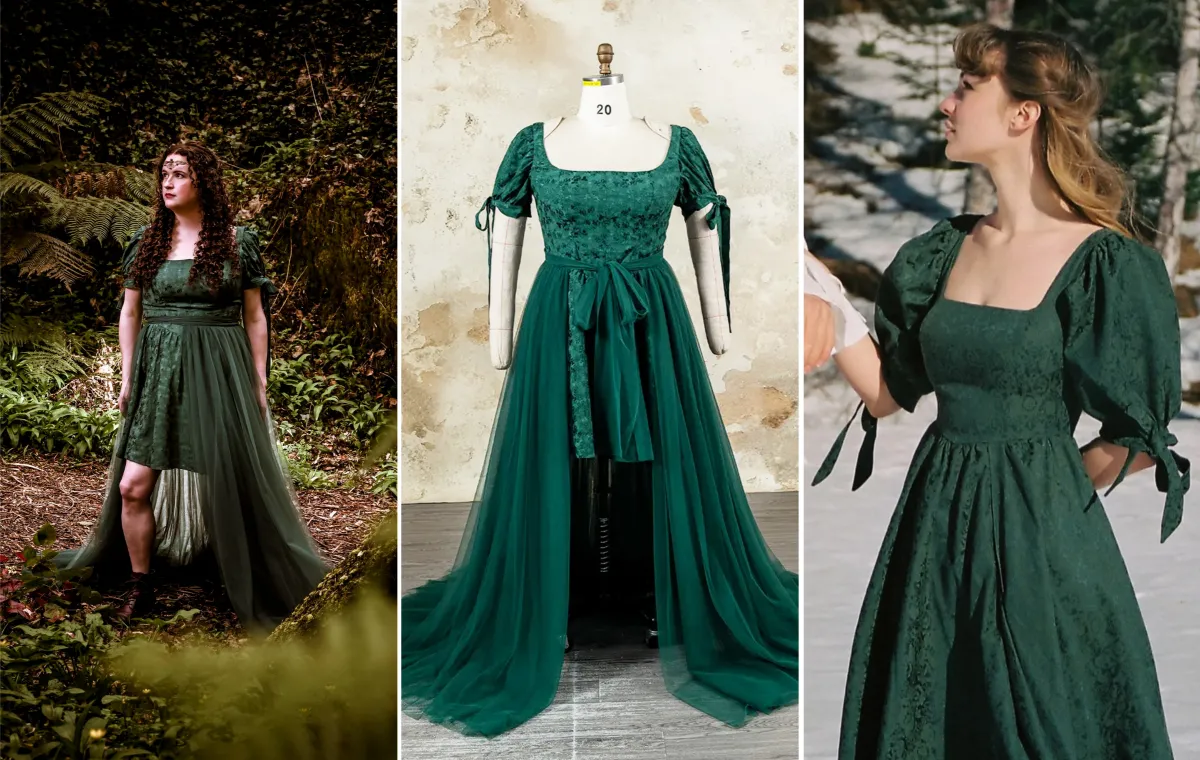 square neck green damask dress with tulle overskirt