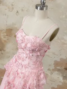 3D floral lace prom dress in rose pink