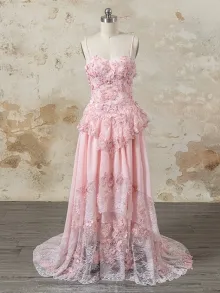 Lunss 3D floral lace A line prom dress in rose pink