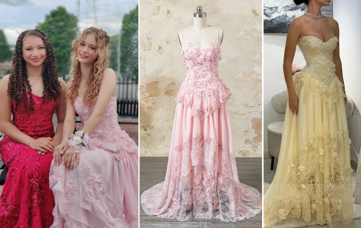 custom 3D floral lace A line prom dress in rose pink