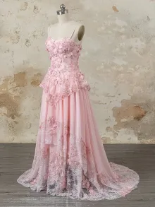 custom made 3D floral lace A line prom dress in rose pink