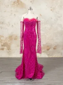 Lunss custom made sparkly fuchsia beaded prom dress