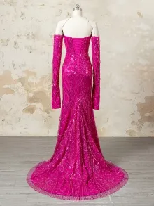 Lunss sparkly fuchsia beaded lace mermaid prom dress