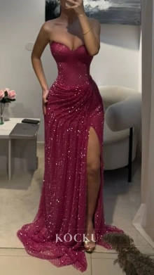 beaded prom dress with a slit