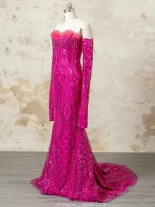 custom made sparkly fuchsia beaded lace prom dress