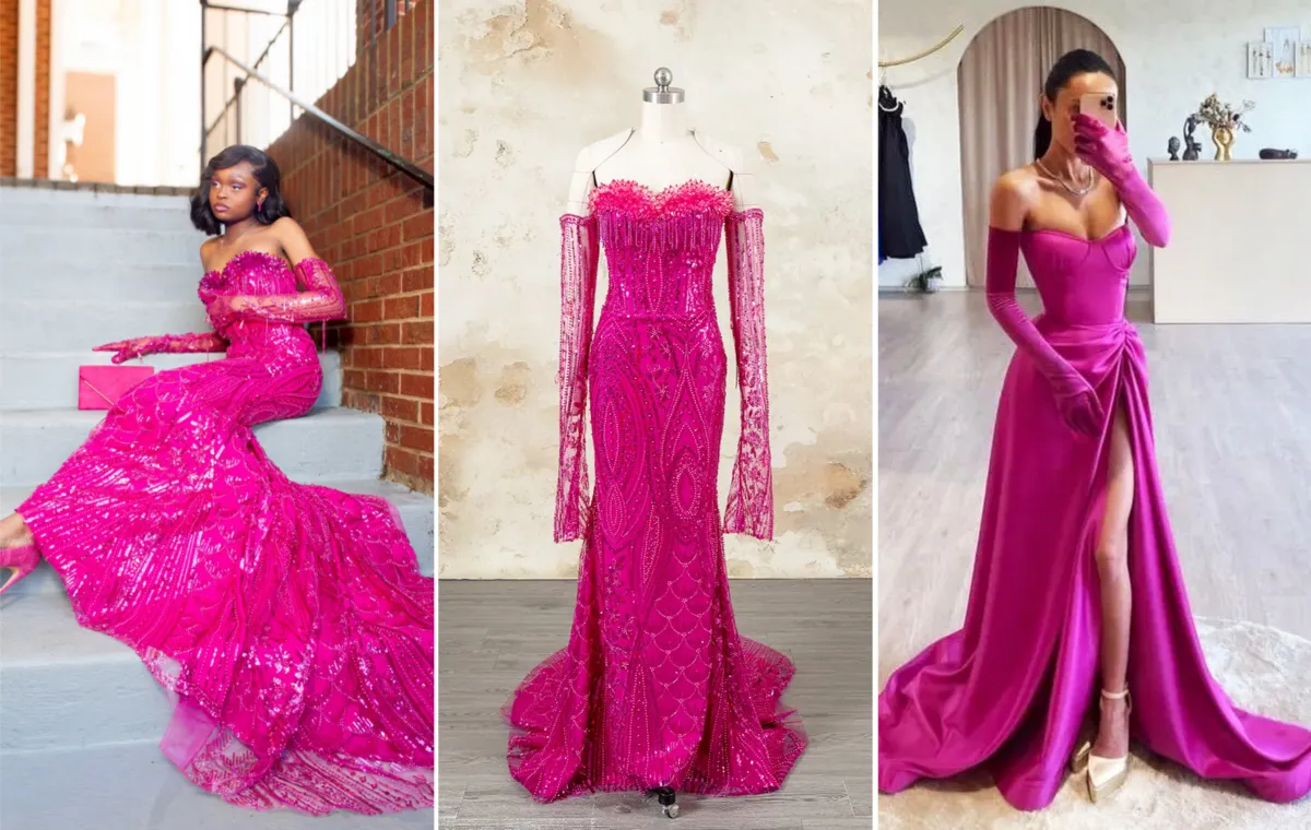 custom sparkly fuchsia beaded lace mermaid prom dress