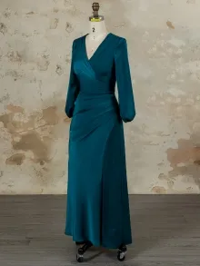 Lunss custom blue satin long sleeve bridesmaid dress