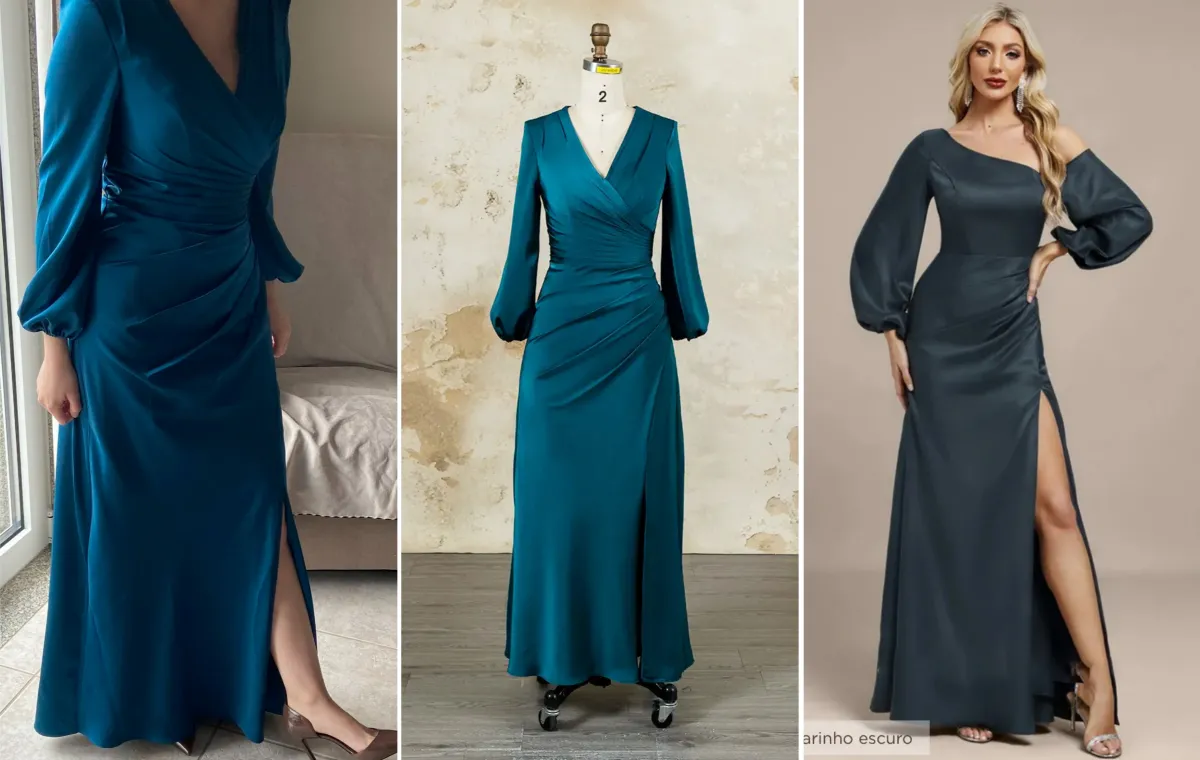 custom blue satin long sleeve bridesmaid dress with slit
