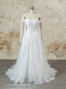 off white tulle basque waist A line wedding dress