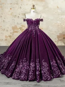 Lunss custom made floral applique plum ball gown