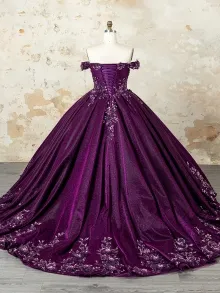 custom made floral applique plum glitter ball gown
