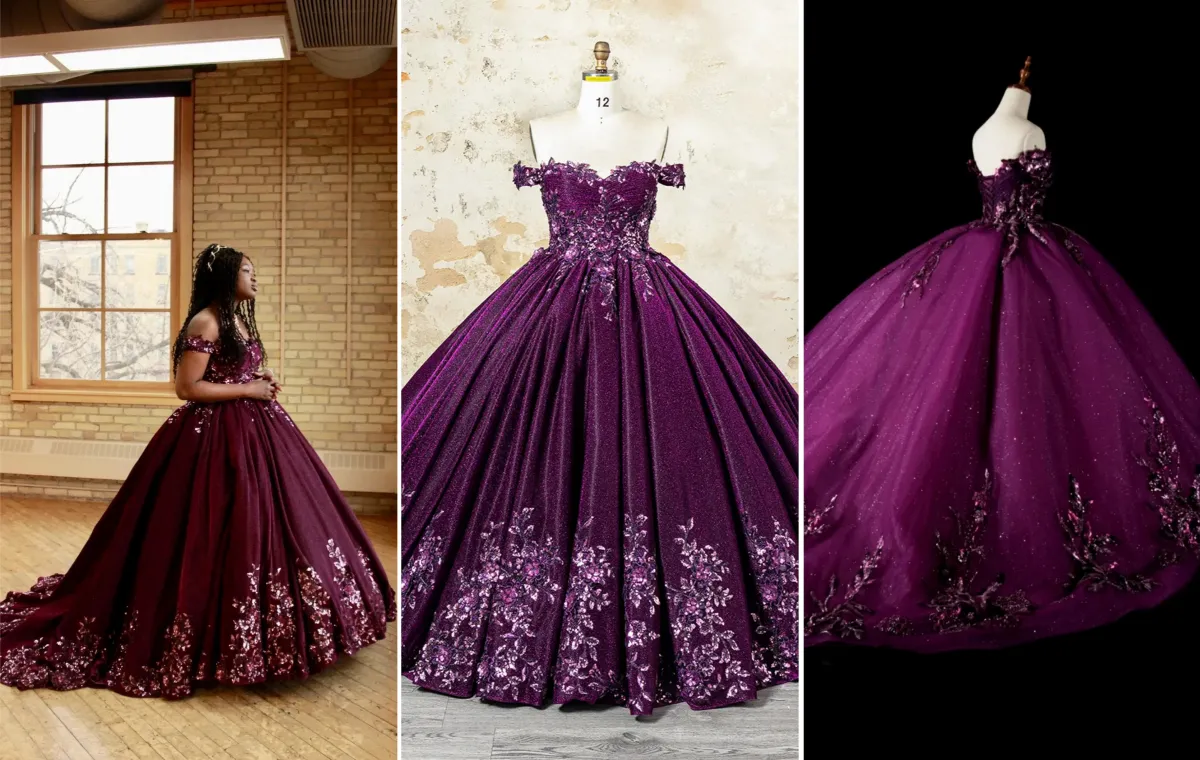 floral applique plum glitter ball gown customization