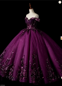puffy plum ballgown embelished with gems and flowers