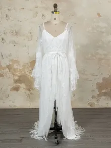 Lunss boho sheer floral lace kimono wedding dress