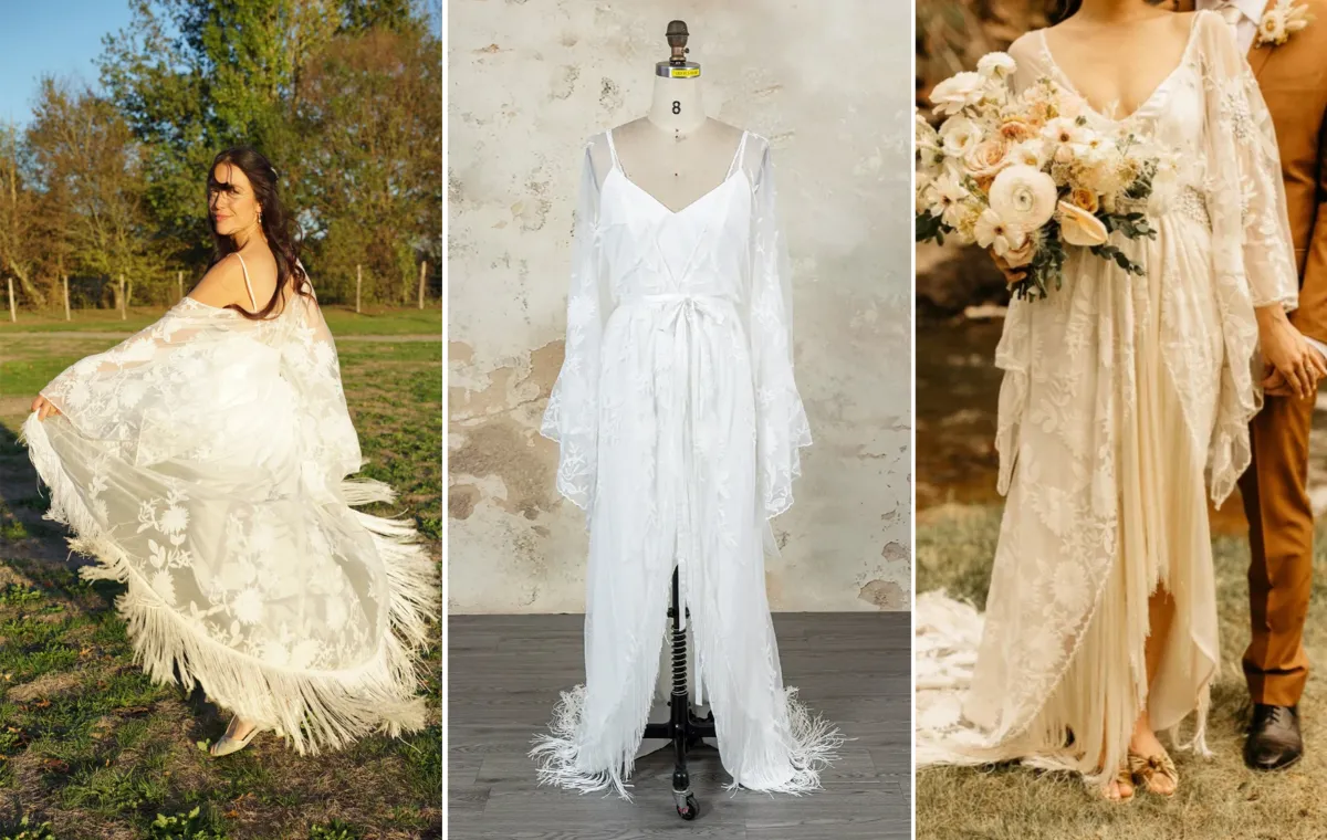 boho sheer floral lace kimono wedding dress design