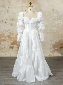 Lunss off white taffeta puff sleeve wedding dress