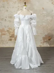 custom made off white taffeta puff sleeve wedding dress