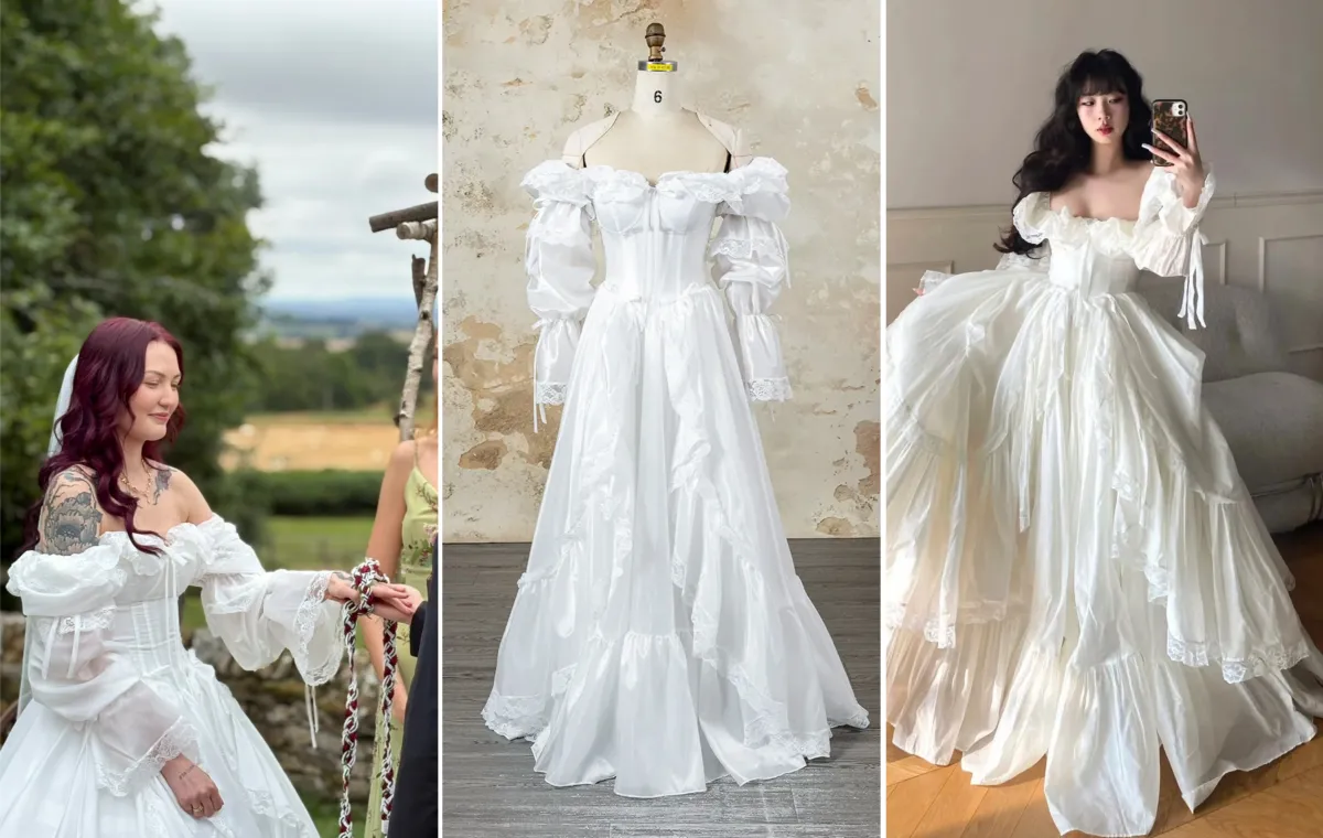 off white taffeta puff sleeve wedding dress customization