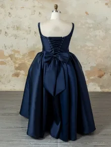 Lunss navy satin prom dress customization