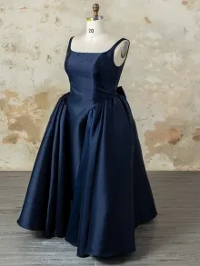 custom navy satin ball gown prom dress