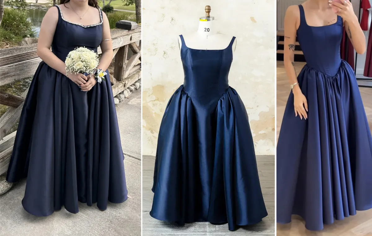 navy satin ball gown prom dress customization