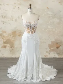 Lunss off white sheer corset lace mermaid wedding dress