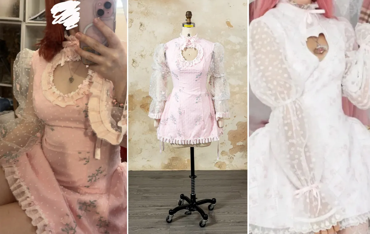 custom pink mini dress with puff sleeves and heart cutout