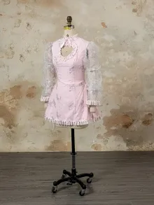 custom pink mini dress with puff sleeves heart cutout