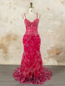 Lunss hot pink beaded lace mermaid prom dress