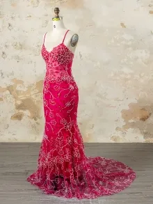custom made hot pink beaded lace mermaid dress