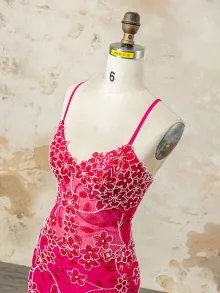 hot pink beaded lace prom dress