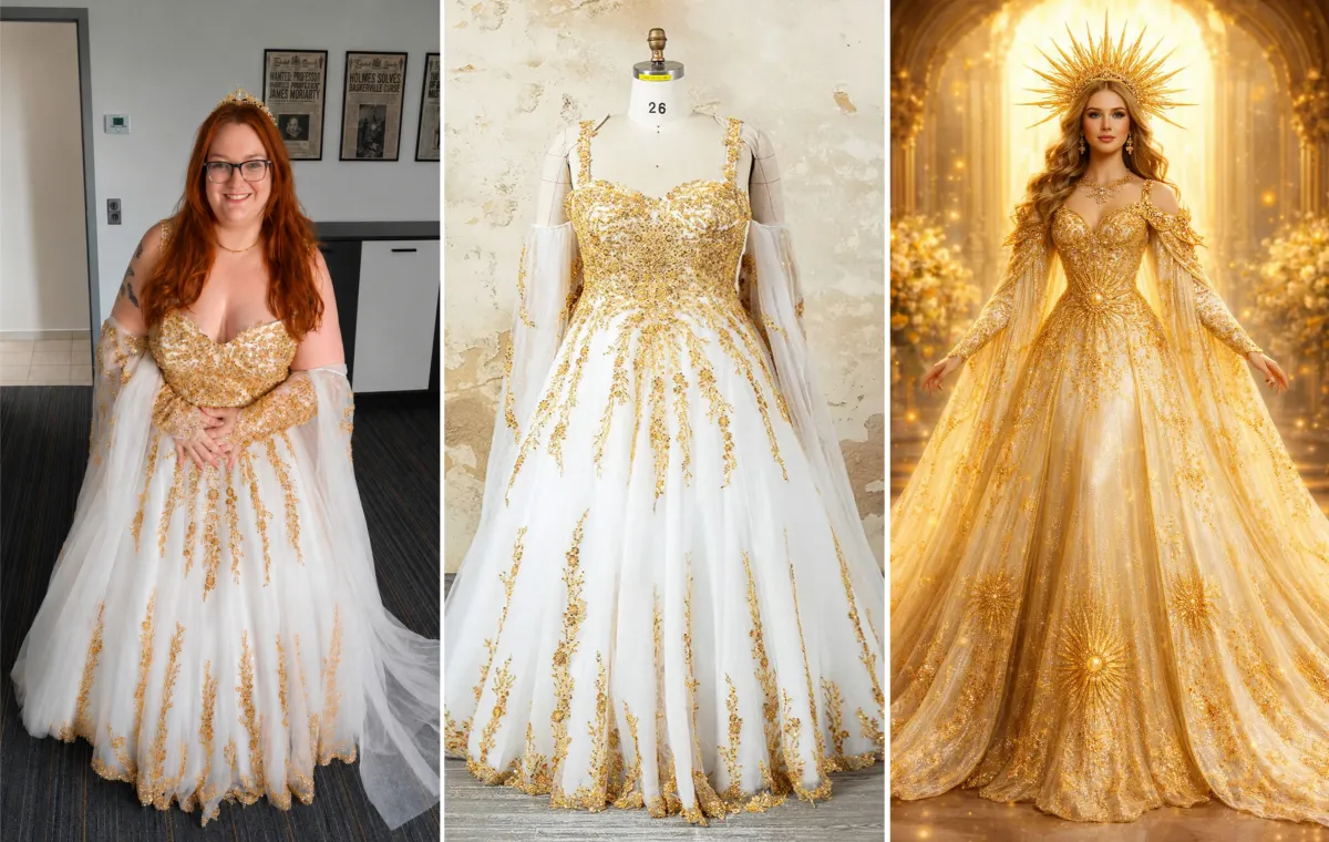 Sun Queen ivory and gold fantasy ball gown customization